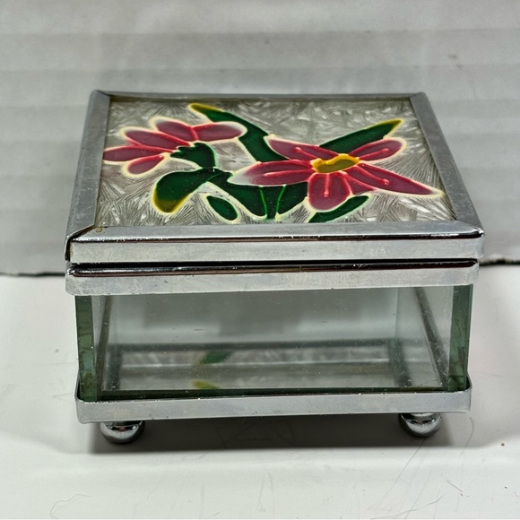 Stained Glass Pink Flower Jewelry Trinket Vanity Box Mirrored Bottom - Picture 2 of 11